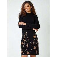 Roman Ribbed Knit Floral Stretch Dress - Black