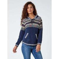 Roman Nordic Print Hooded V-Neck Jumper - Midnight Blue