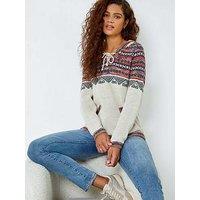 Roman Nordic Print Knitted Hooded V-Neck Jumper - Ivory