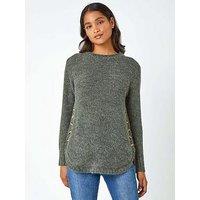 Roman Button Detail Curved Hem Jumper - Khaki