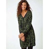 Roman Floral Contrast Trim Stretch Dress - Khaki