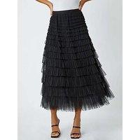 Roman Elasticated Mesh Tiered Ruffle Skirt - Black