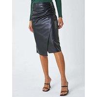 Roman Faux Leather Ruched Wrap Skirt - Black