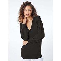 Roman Plain Stretch V-Neck Longline Jumper - Black