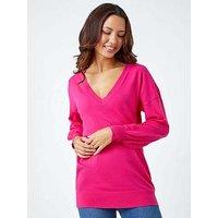 Roman Plain Stretch V-Neck Longline Jumper - Fuchsia