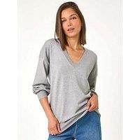 Roman Plain V-Neck Stretch Longline Jumper - Grey
