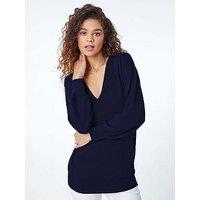 Roman Plain Stretch V-Neck Longline Jumper - Navy