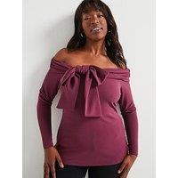 V By Very Curve Bow Detail Stretch Bardot Top - Berry