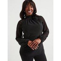 V By Very Curve Corsage Neck Mesh Top - Black