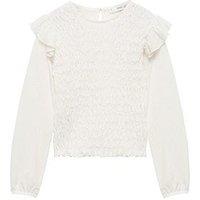 Mango Girls Long Sleeve Textured T-Shirt With Frill Detail - Light Cream