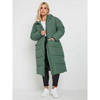 Yours Curve Borg Hooded Midi Padded Coat - Green