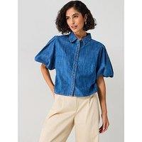 V By Very Bubble Sleeve Denim Shirt - Mid Wash