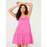 V By Very Beach Broderie Hem Mix Strappy Tiered Dress - Pink