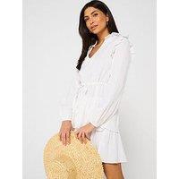 V By Very Cheesecloth Frill Detail Tie Waist Mini Dress - White