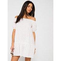 V By Very Broderie Bardot Mini Beach Dress - White