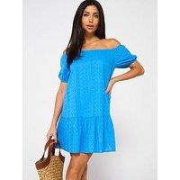 V By Very Broderie Bardot Mini Beach Dress - Blue
