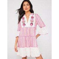 V By Very Embroidered Detail Printed Smock Beach Dress - Pink