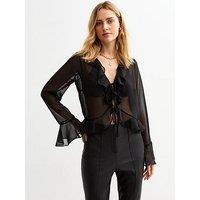 New Look Ruffle Trim Tie Up Sheer Chiffon Blouse - Black