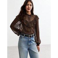 New Look Polka Dot Frilly Trim Chiffon Blouse - Brown/Print