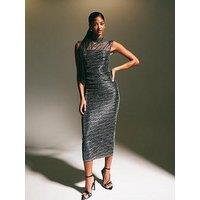 New Look Pewter Foil Dot Pattern Mesh Midi Dress - Silver