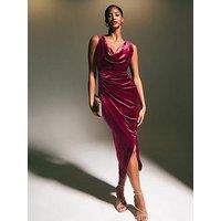 New Look Draped Velvet Cowl Neck Midi Dress - Burgundy