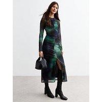 New Look Black Tie Dye Ruched Mesh Midi Dress - Print