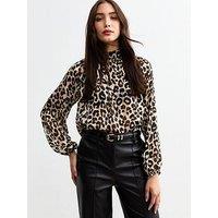 New Look Brown Leopard Print High Neck Chiffon Top