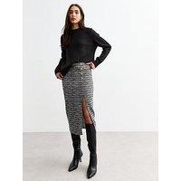 New Look Black Stretch Boucle Midi Skirt - Print