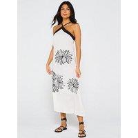 V By Very Palm Embroidered Halter Midi Dress - Cream