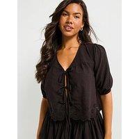 V By Very Broderie Hem Tie Front Co Ord Top - Black
