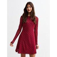 New Look Flocked Polka Dot Long Sleeve Mesh Dress - Red