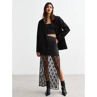 New Look Black Lace Trimmed Satin Midi Skirt