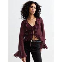 New Look Ruffle Trim Tie Up Sheer Chiffon Blouse - Burgundy