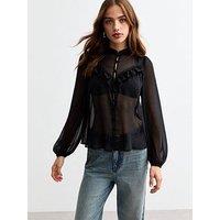 New Look Frilly Trimmed Chiffon Blouse - Black