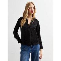 New Look Tie Neck Satin Top - Black