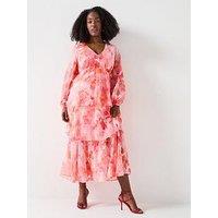 V By Very Curve Tiered Ditsy Floral Hanky Hem Midaxi Dress - Pink Print