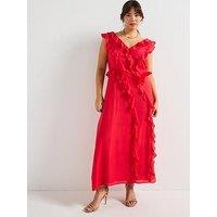 V By Very Curve V Neck Ruffle Midaxi Dress - Red