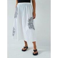 V By Very Curve Large Floral Embroidered Cotton Full Skirt - White