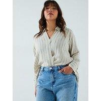 V By Very Curve Stripe Linen Mix Wrap Blouse - Beige