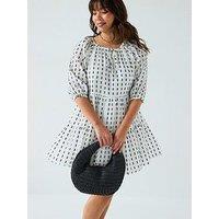 V By Very Curve Textured Cotton Smock Mini Dress - White/Black