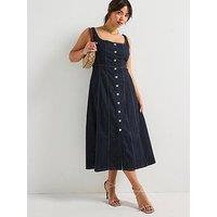 V By Very Curve Button Through Fit & Flare Denim Dress - Indigo
