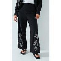 V By Very Curve Embroidered Floral Wide Leg Trouser Co-Ord - Black