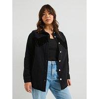 V By Very Curve Fringe Longline Denim Jacket - Black Wash
