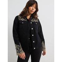 V By Very Curve Embroidered Denim Jacket - Black