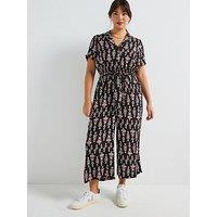 V By Very Curve Button Through Patterned Cropped Jumpsuit - Print
