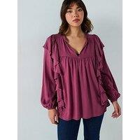 V By Very Curve Ruffle Detail Printed Blouse - Pink