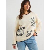 V By Very Curve Floral Embroidered Knitted Jumper - Beige