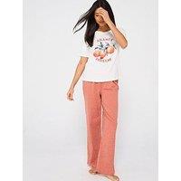 Everyday Short Sleeve Orange Print Wide Leg Pyjama Set - Tan