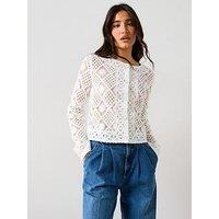 V By Very Crew Neck Crochet Short Cardigan - Ivory
