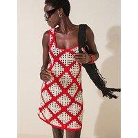V By Very Square Neck Crochet Mini Dress - Red